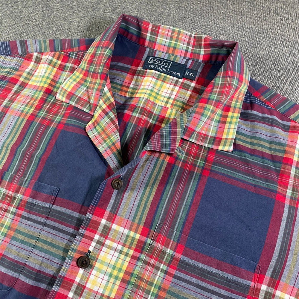 Vintage Polo by Ralph Lauren Mens Plaid‎ Camp SS Shirt XL Red Blue Loop Collar